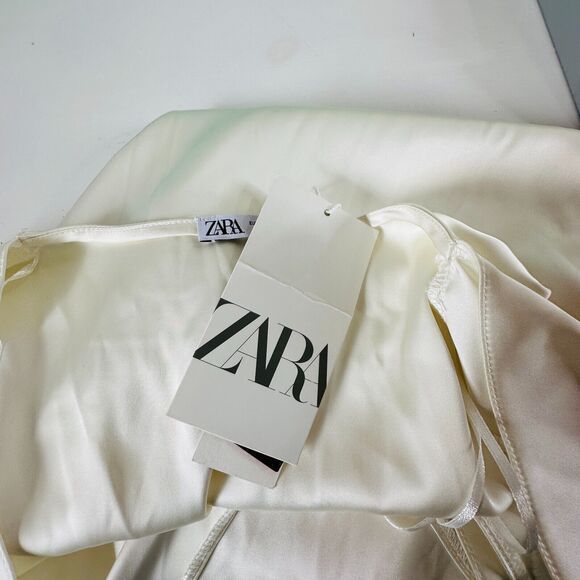 NWT Zara Cream Satin Sleeveless Knotted Front Effect Faux Wrap Blouse Top M - Picture 8 of 13
